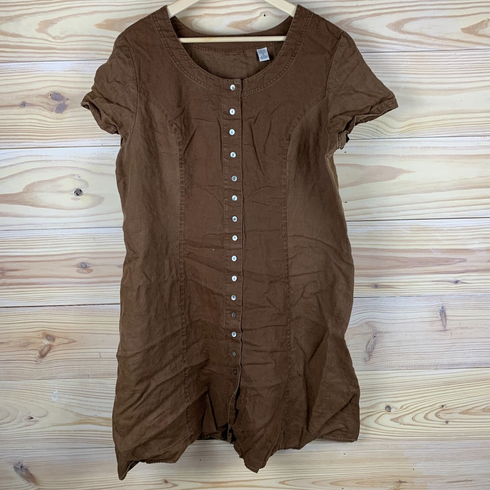 Vtg Amanda Smith Linen Dress 16 Brown‎ Tie Waist Button Front